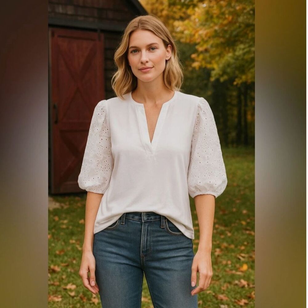 Dolan Top Womens L White Cotton Blend Eyelet Puff Sleeve V Neck Anthropologie